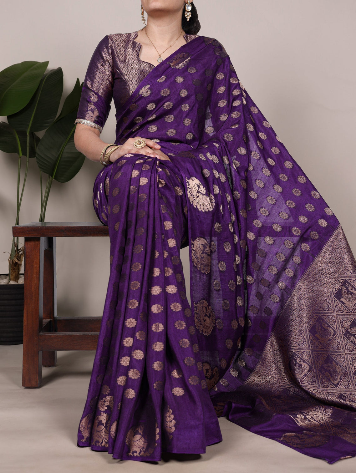 Purple Roop Silk Saree with Zari Weaving & Elegant Lace-Touch Blouse