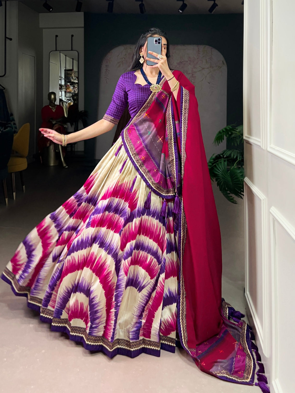Purple Royal Tie‑Dye Dream Lehenga Set – Handcrafted Tasar Silk with Lace & Tassel Dupatta