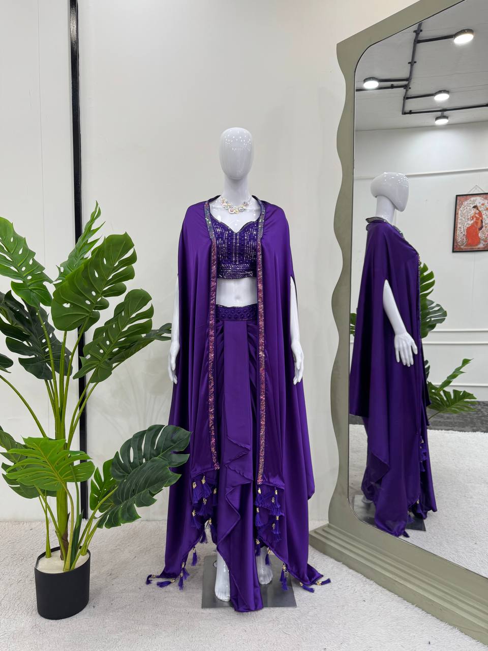 Purple Satin Silk Dhoti Style Set with Embroidered Choli & Tassel Shrug – Ready to Wear