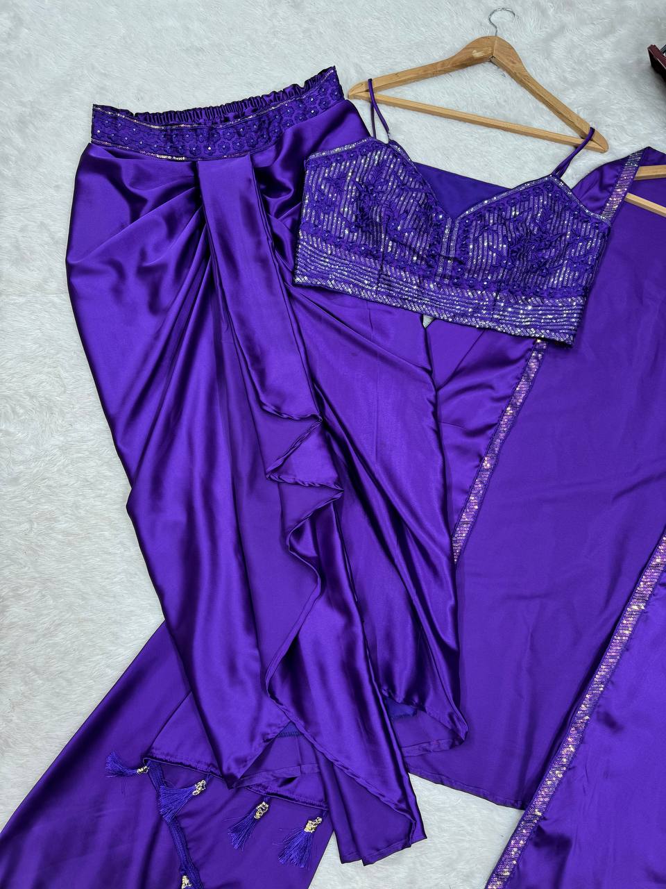 Purple Satin Silk Dhoti Style Set with Embroidered Choli & Tassel Shrug – Ready to Wear