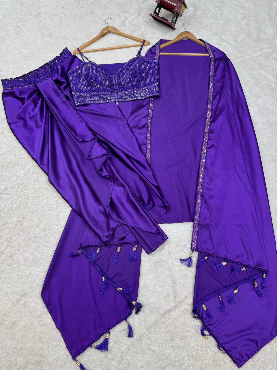 Purple Satin Silk Dhoti Style Set with Embroidered Choli & Tassel Shrug – Ready to Wear