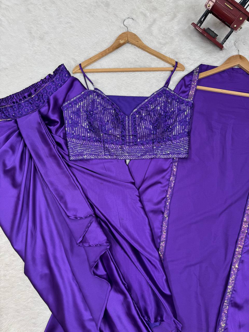 Purple Satin Silk Dhoti Style Set with Embroidered Choli & Tassel Shrug – Ready to Wear