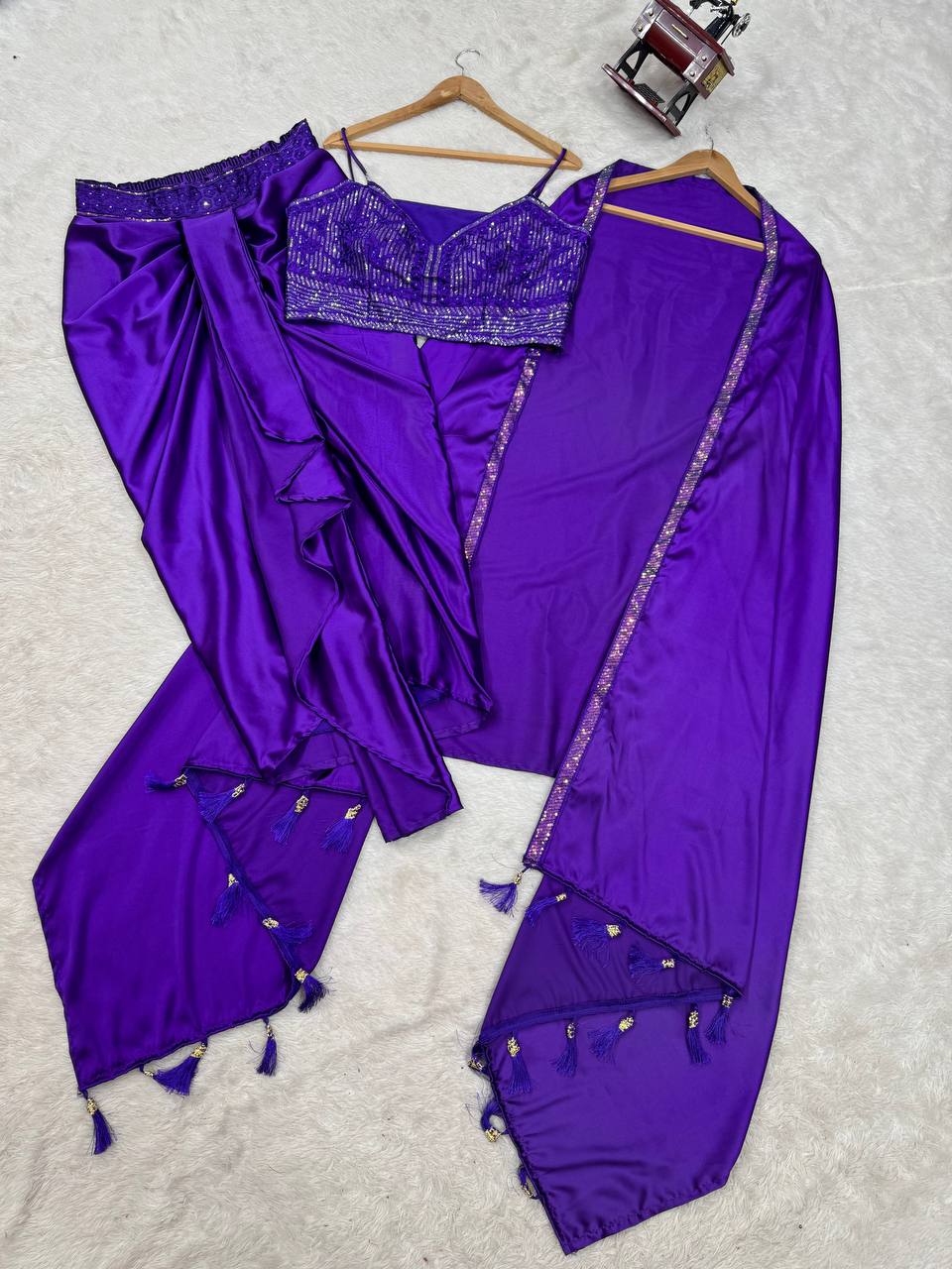 Purple Satin Silk Dhoti Style Set with Embroidered Choli & Tassel Shrug – Ready to Wear