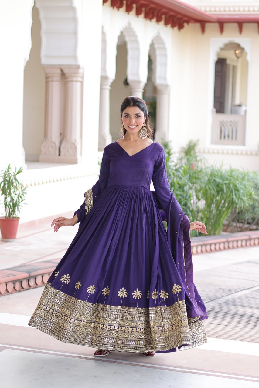 Purple Sequins Embroidered Gown