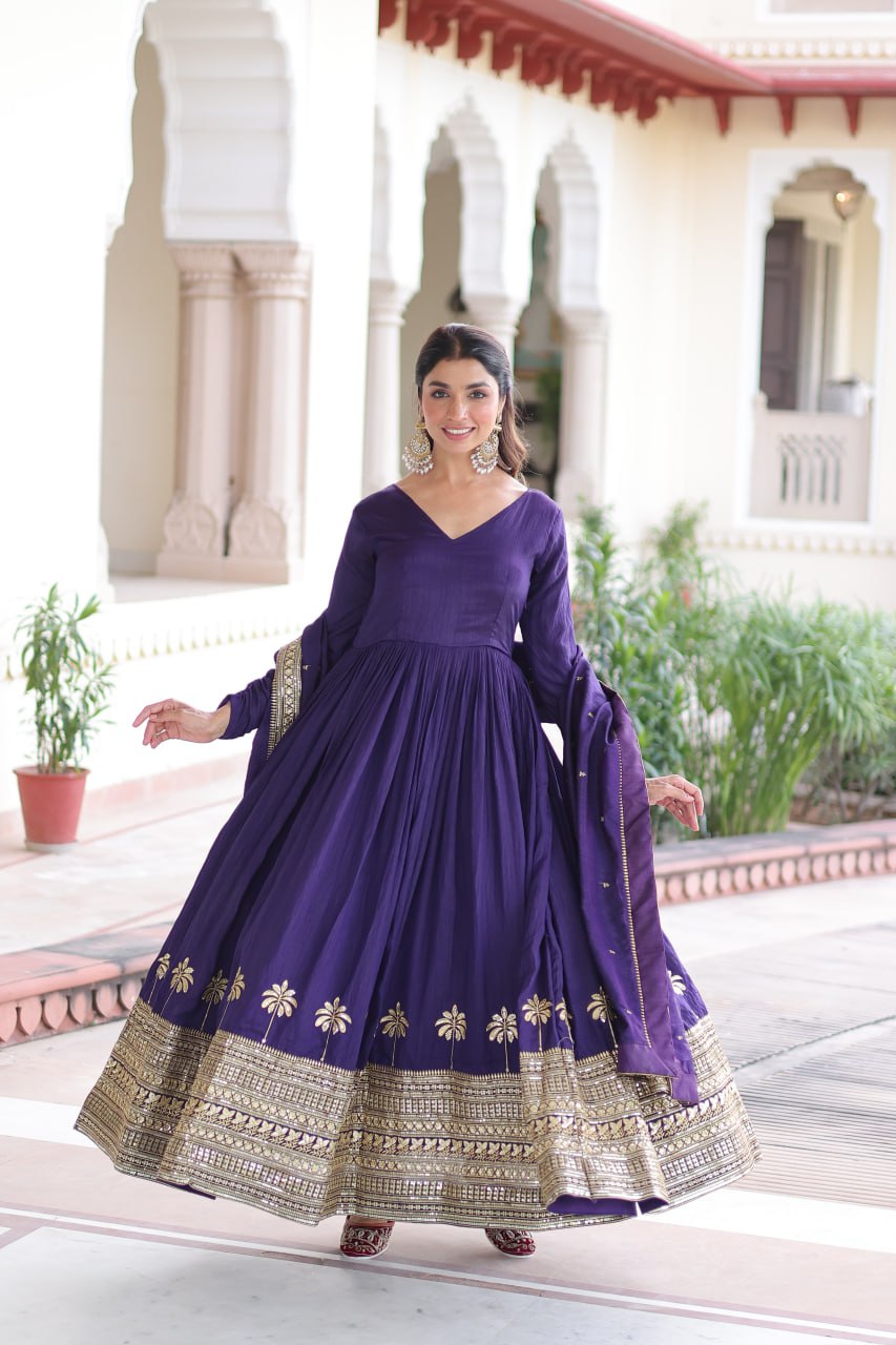 Purple Sequins Embroidered Gown