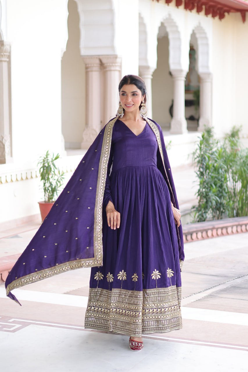 Purple Sequins Embroidered Gown