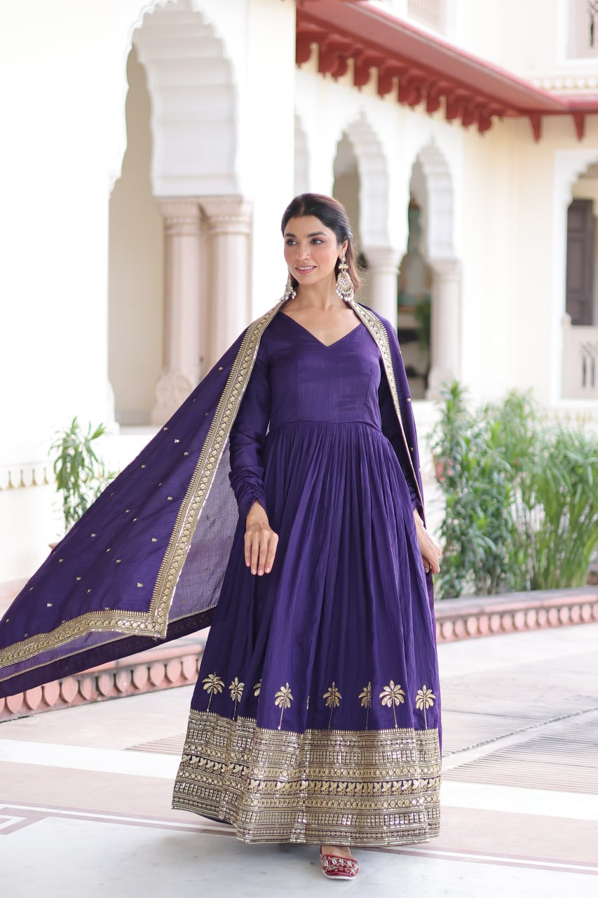 Purple Sequins Embroidered Gown