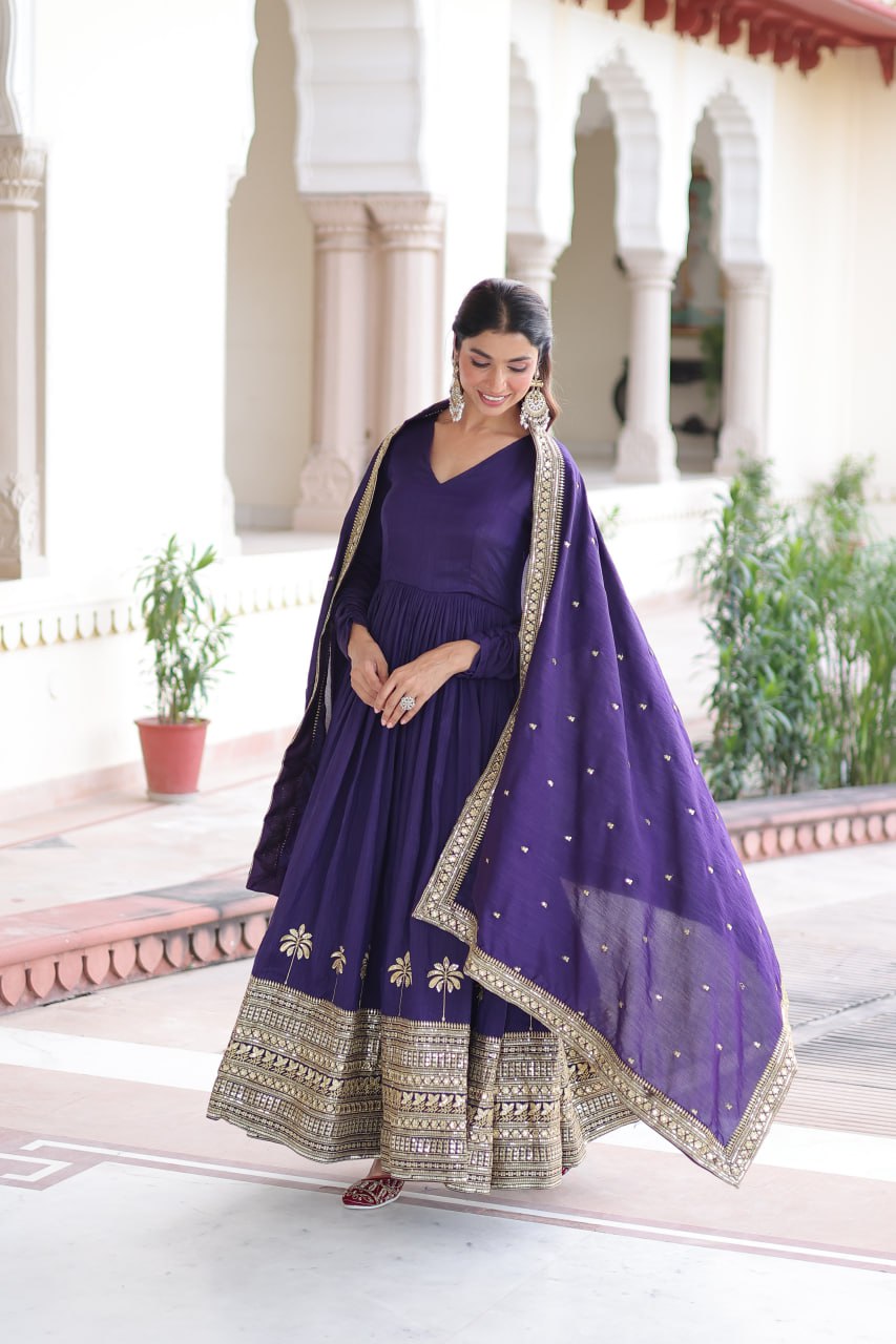 Purple Sequins Embroidered Gown