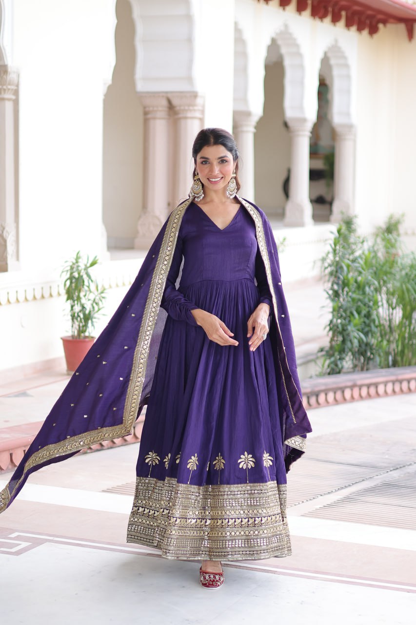 Purple Sequins Embroidered Gown