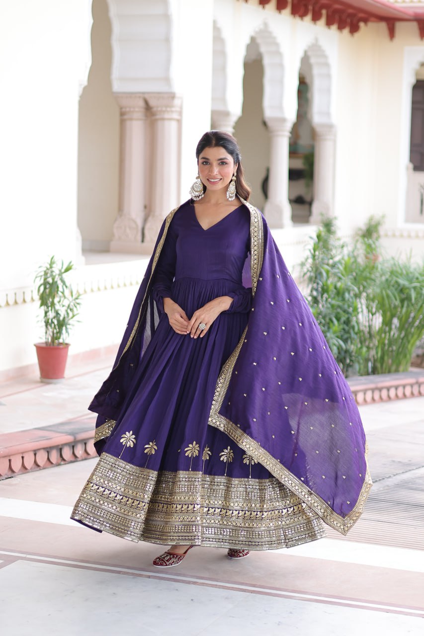 Purple Sequins Embroidered Gown