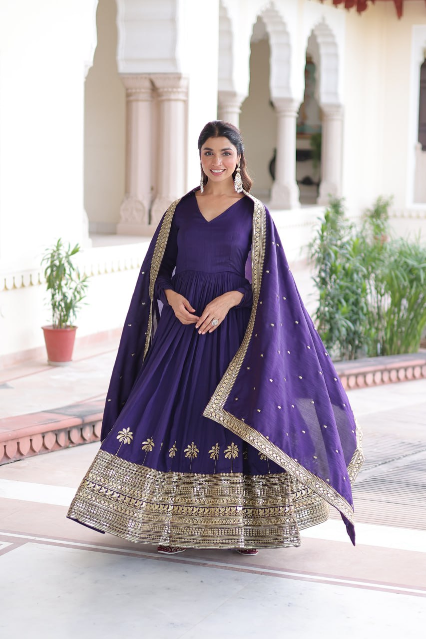 Purple Sequins Embroidered Gown