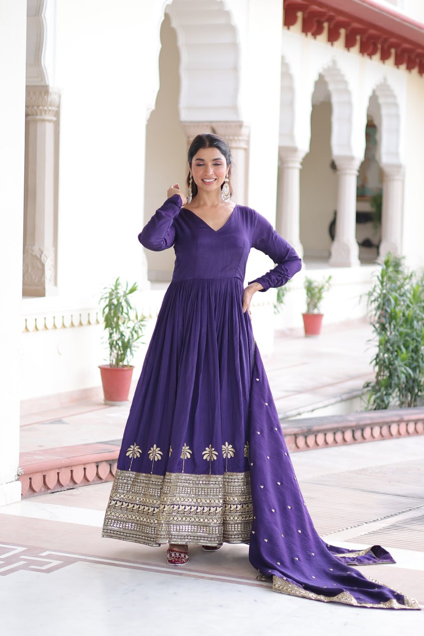 Purple Sequins Embroidered Gown