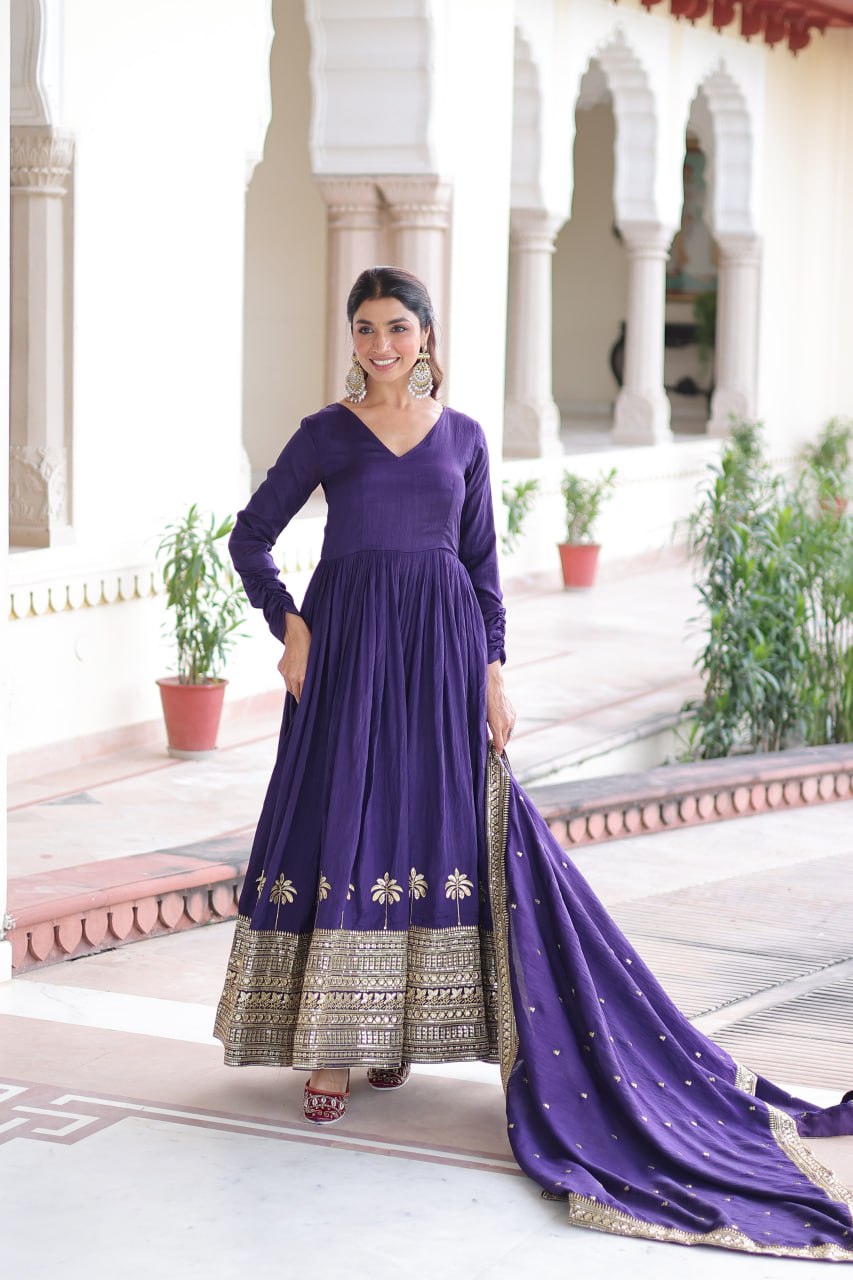 Purple Sequins Embroidered Gown