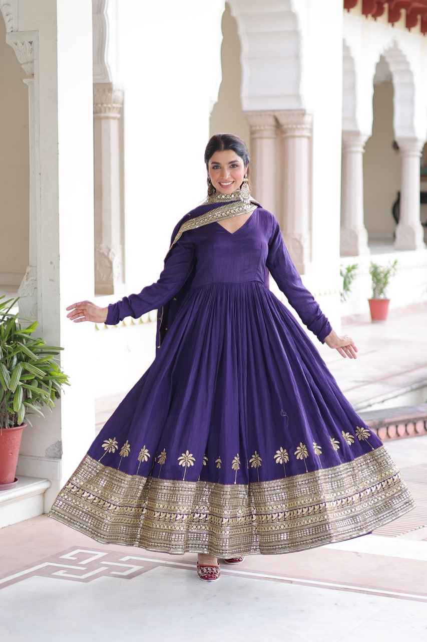 Purple Sequins Embroidered Gown