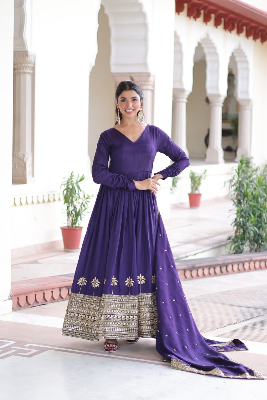Purple Sequins Embroidered Gown