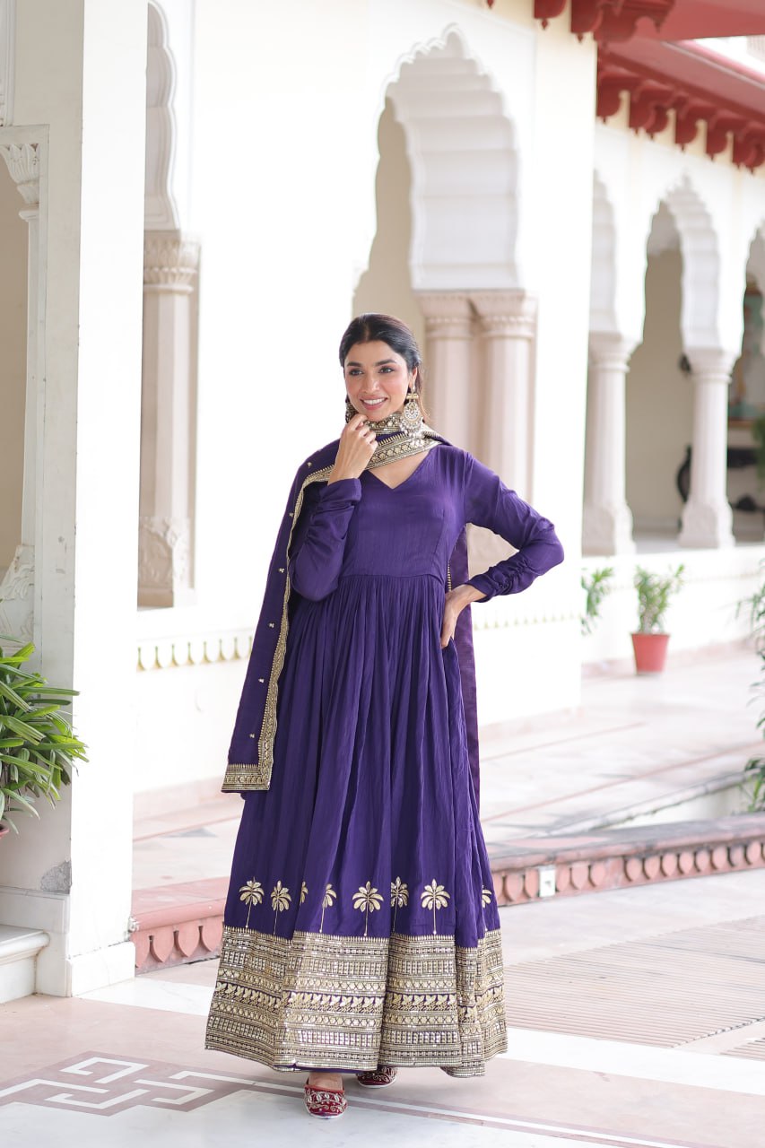 Purple Sequins Embroidered Gown
