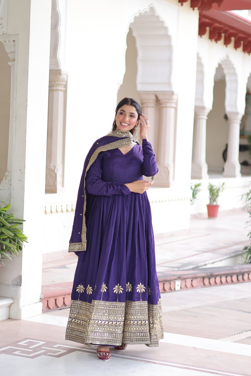 Purple Sequins Embroidered Gown