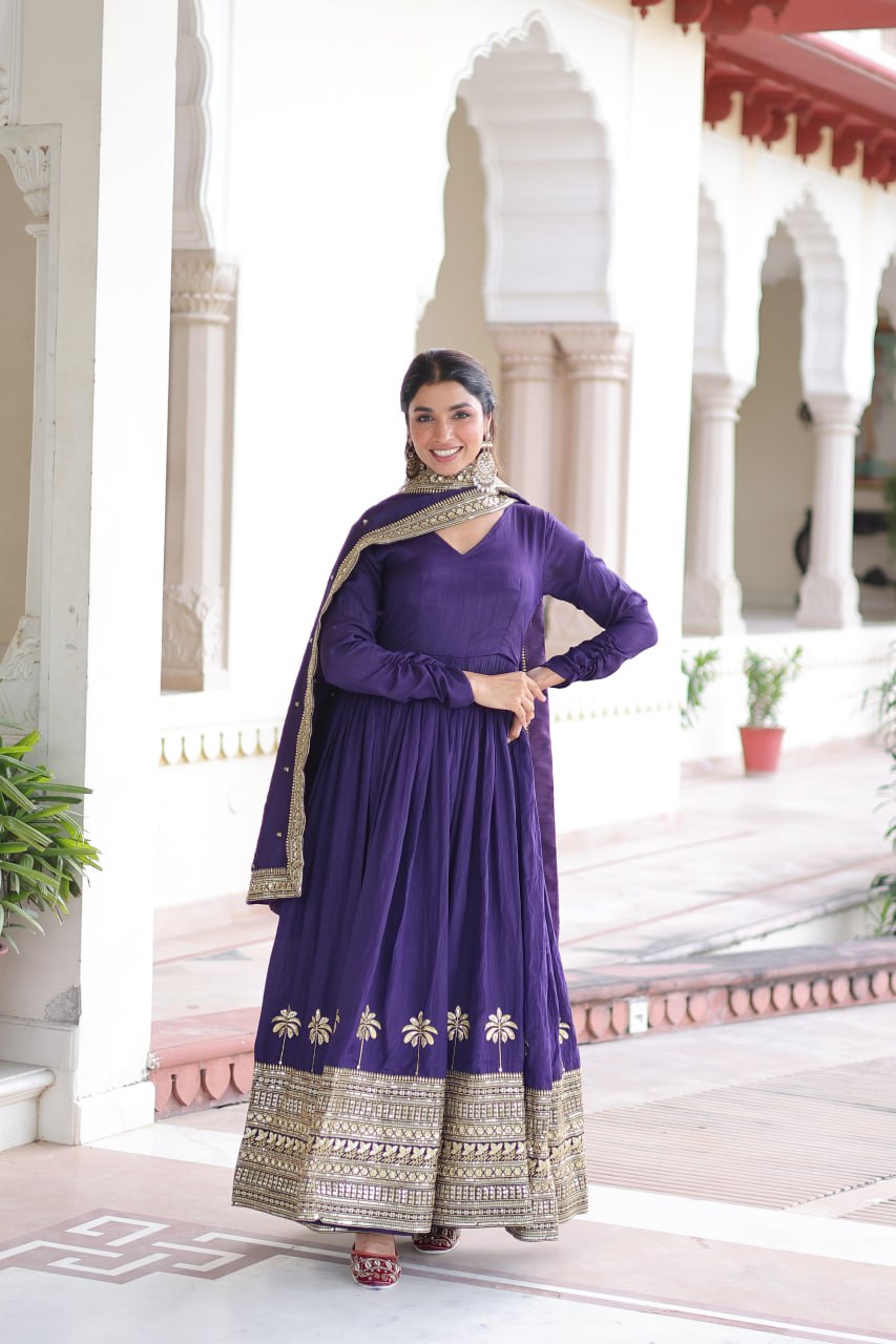 Purple Sequins Embroidered Gown