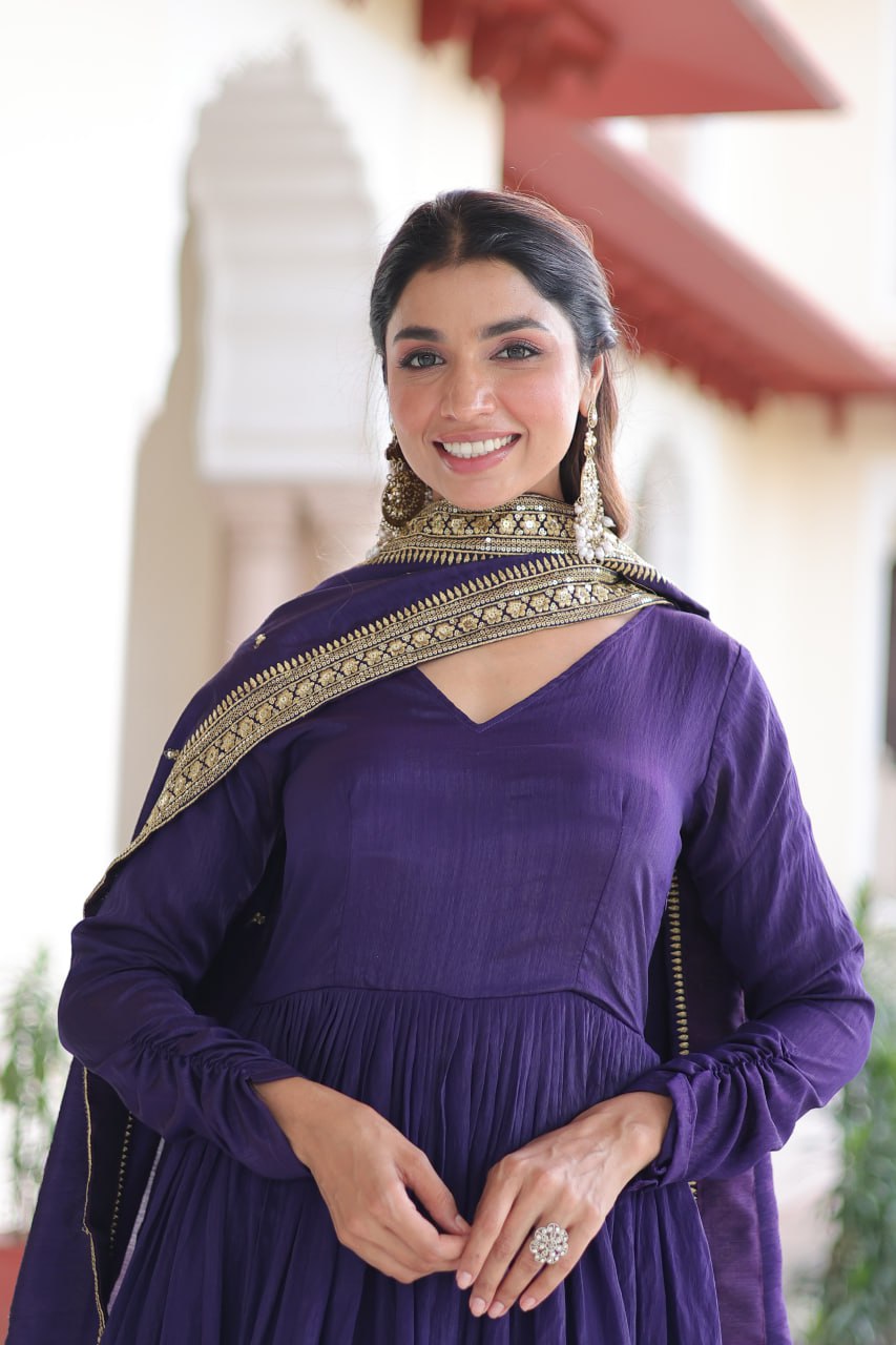Purple Sequins Embroidered Gown
