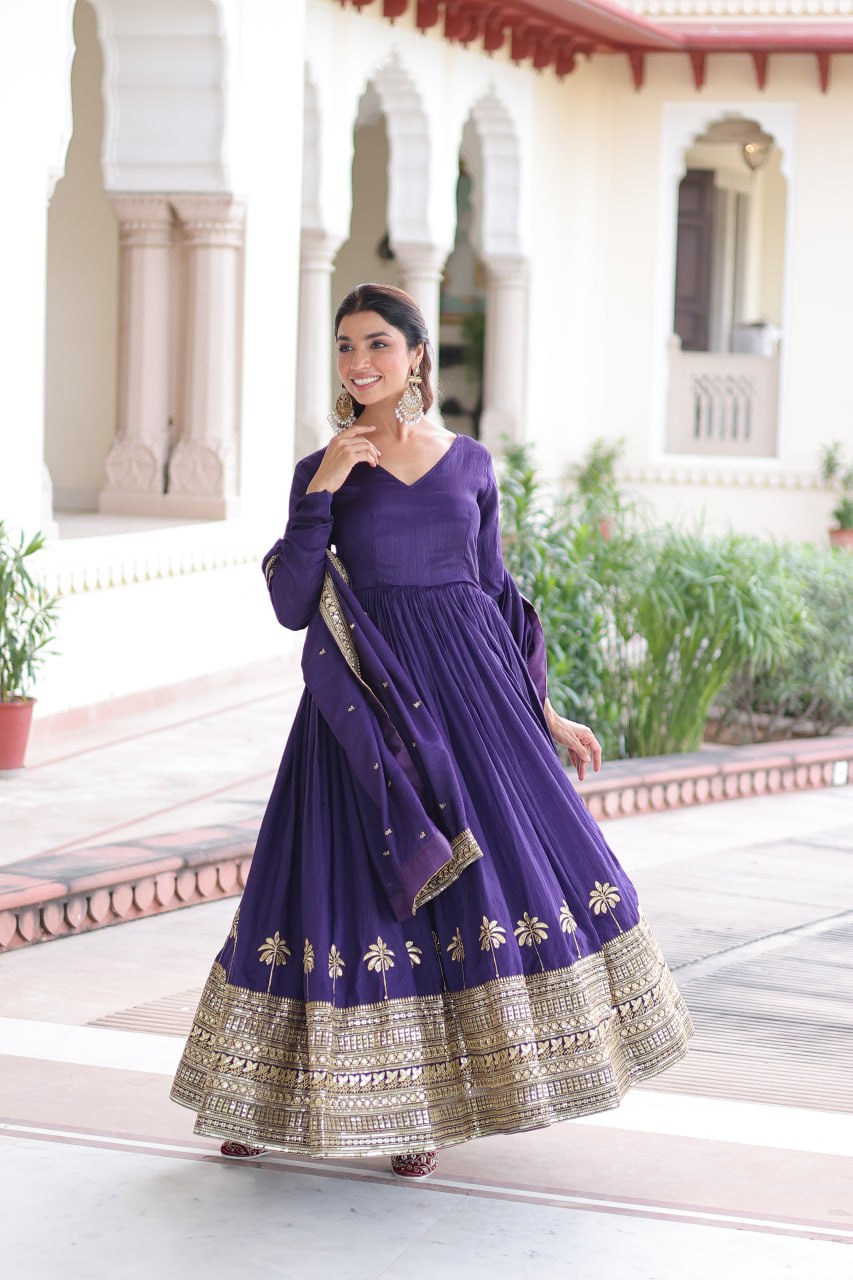 Purple Sequins Embroidered Gown