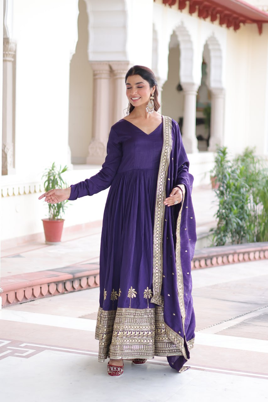 Purple Sequins Embroidered Gown