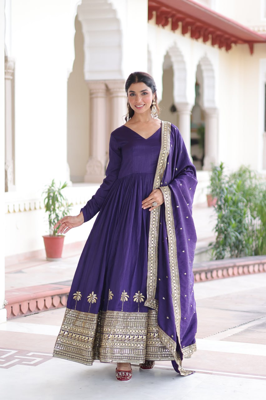 Purple Sequins Embroidered Gown