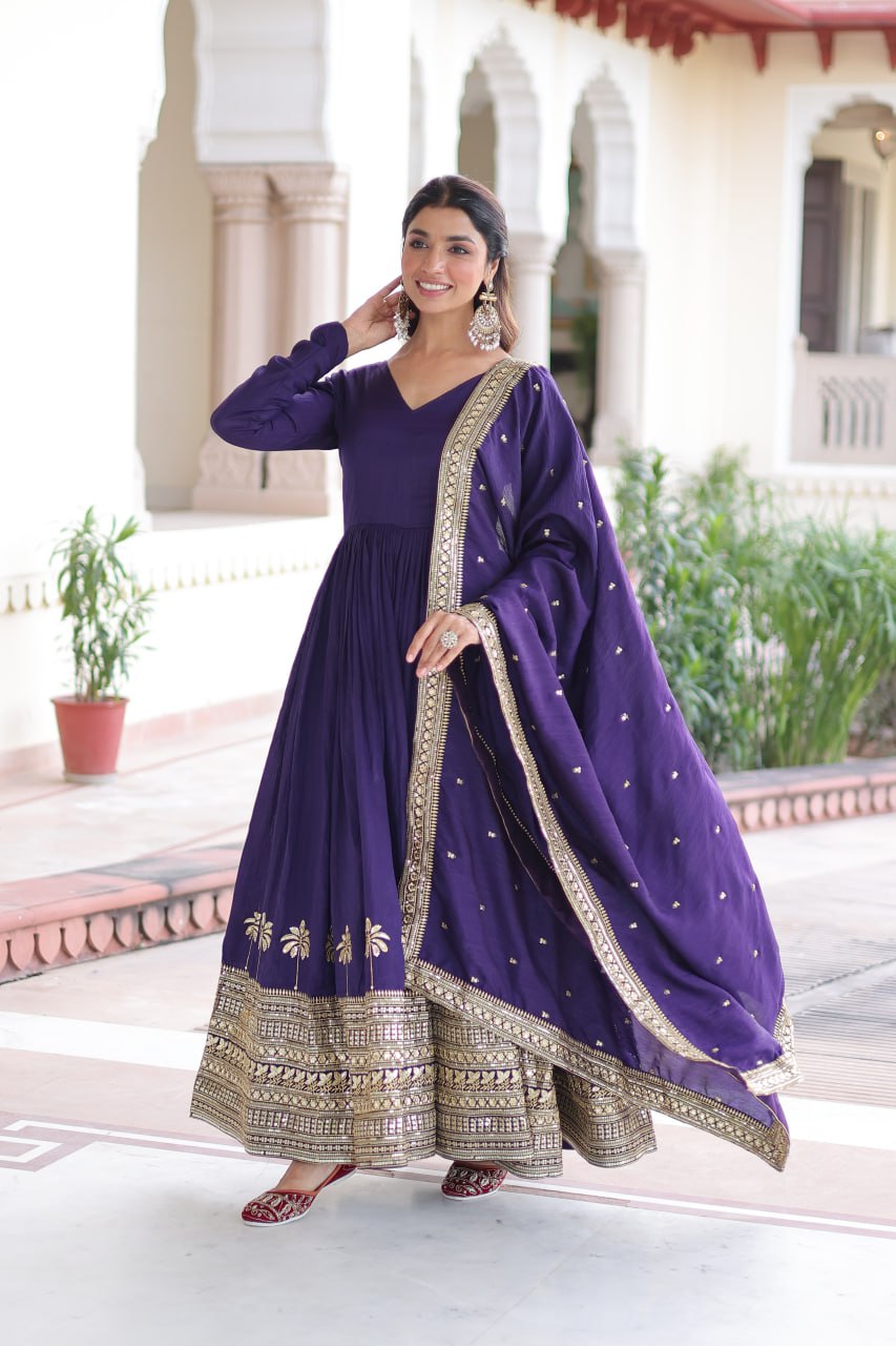 Purple Sequins Embroidered Gown
