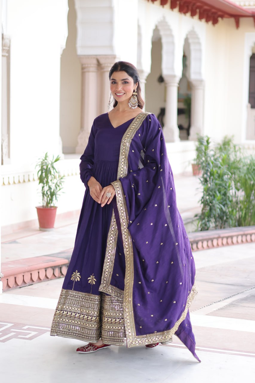 Purple Sequins Embroidered Gown