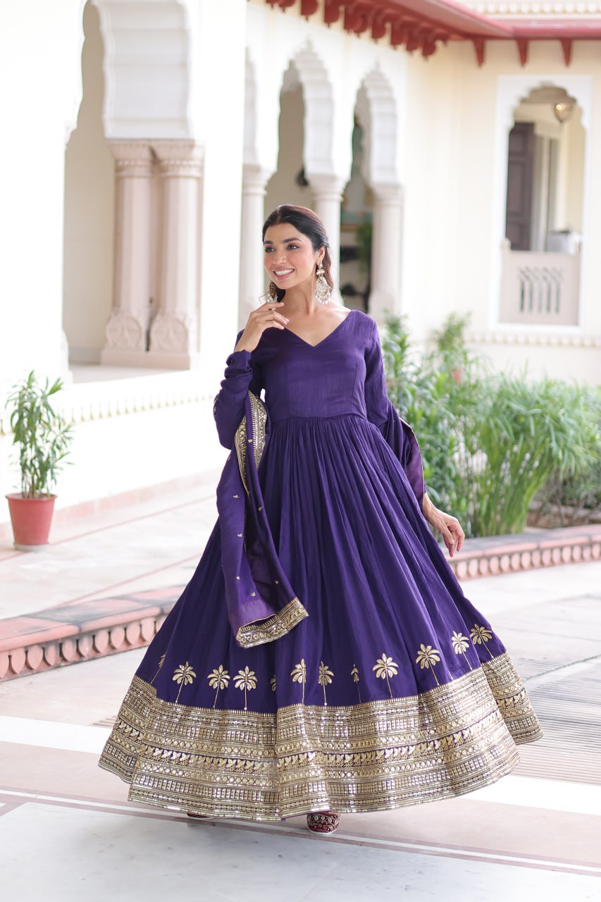 Purple Sequins Embroidered Gown