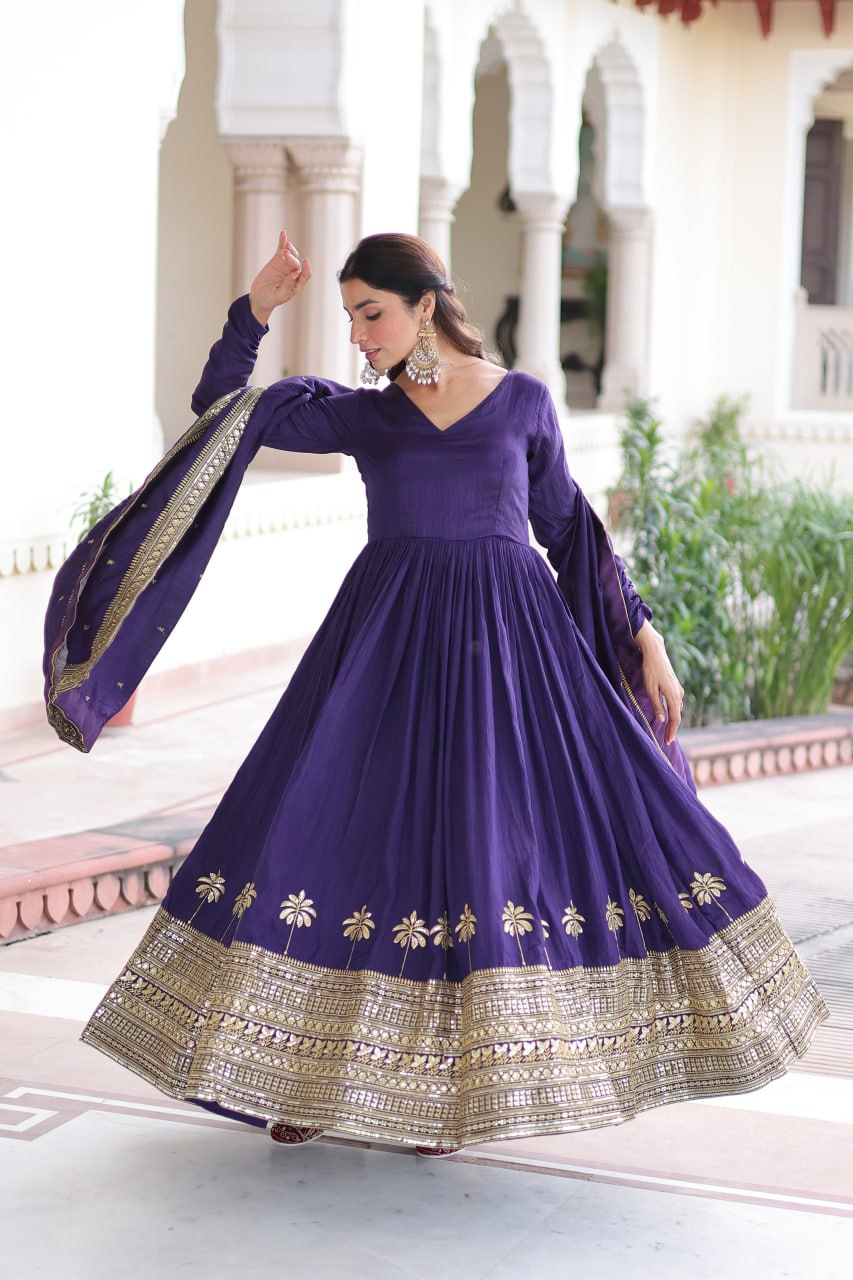 Purple Sequins Embroidered Gown