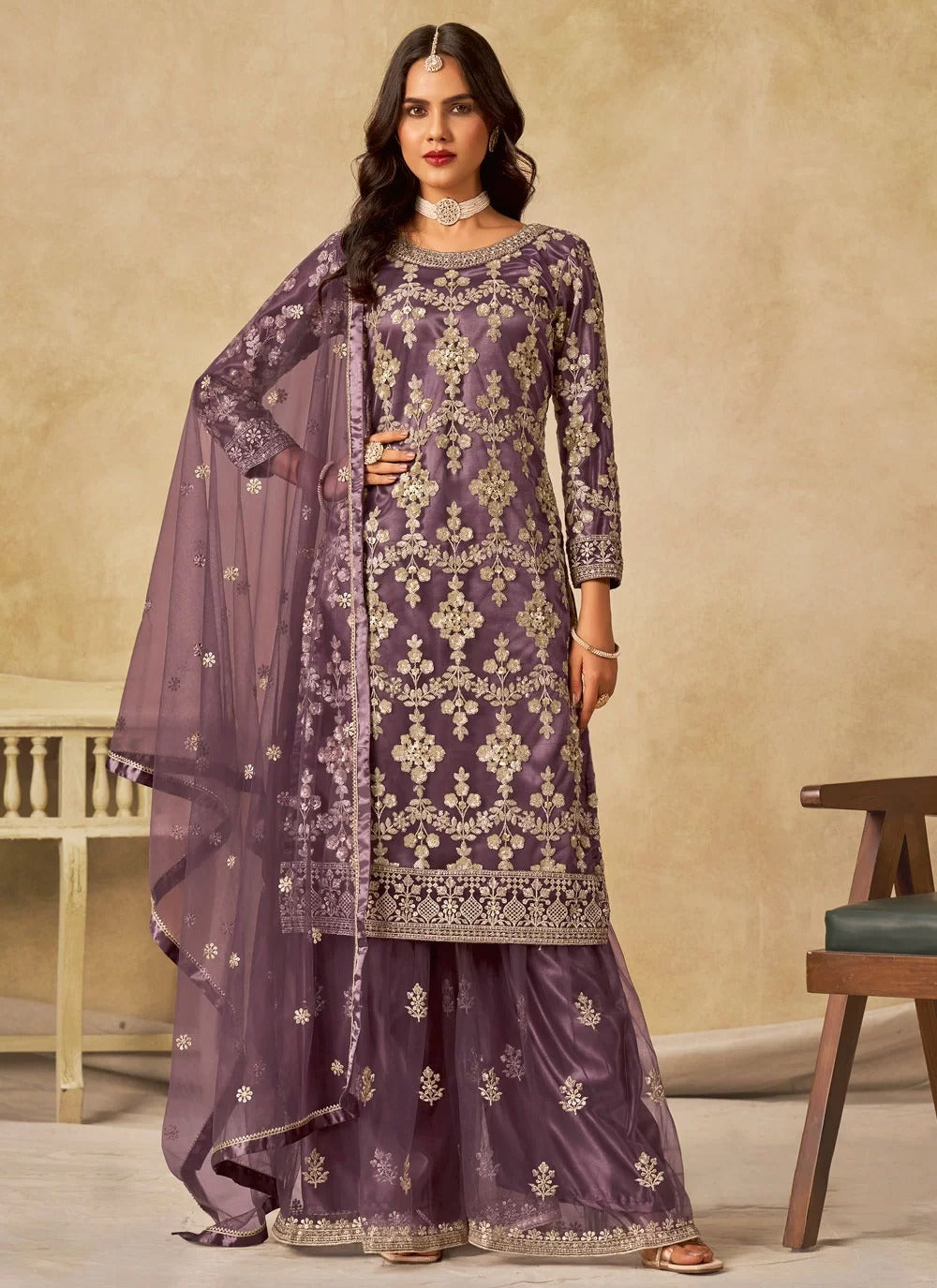Elegant purple sequins embroidered net sharara suit for wedding