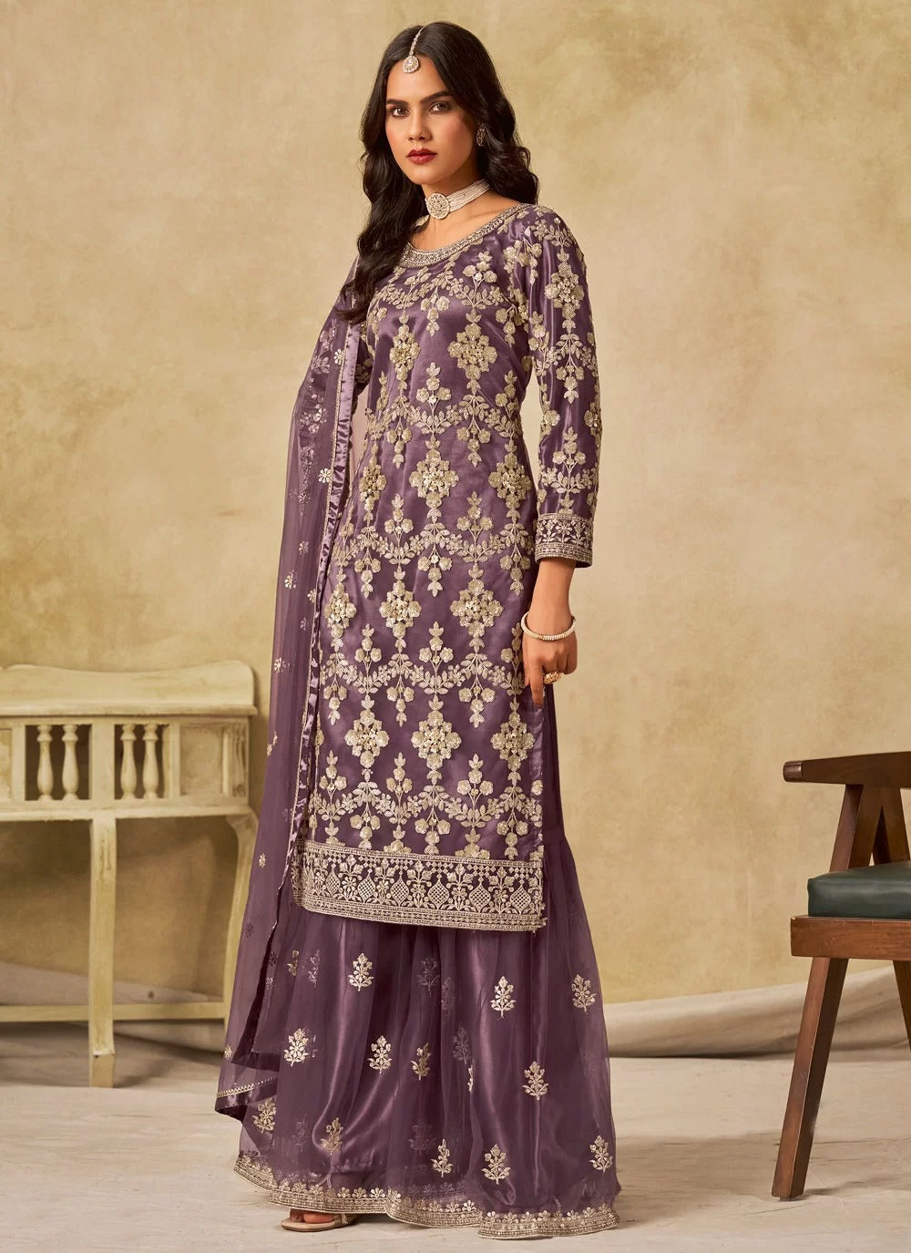 Elegant purple sequins embroidered net sharara suit for wedding