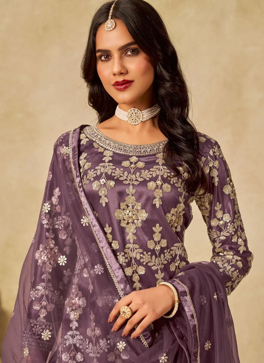 Elegant purple sequins embroidered net sharara suit for wedding