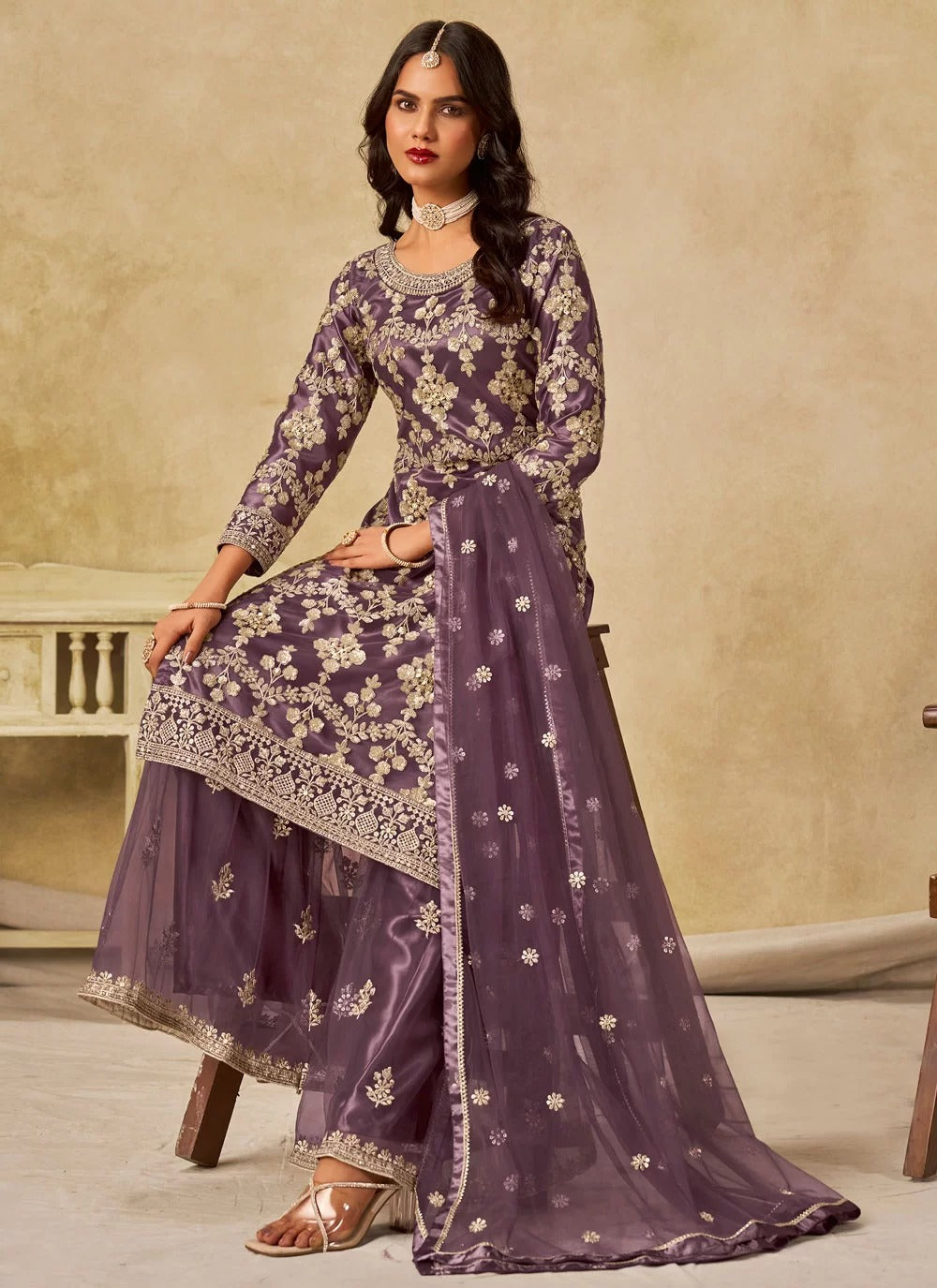 Elegant purple sequins embroidered net sharara suit for wedding