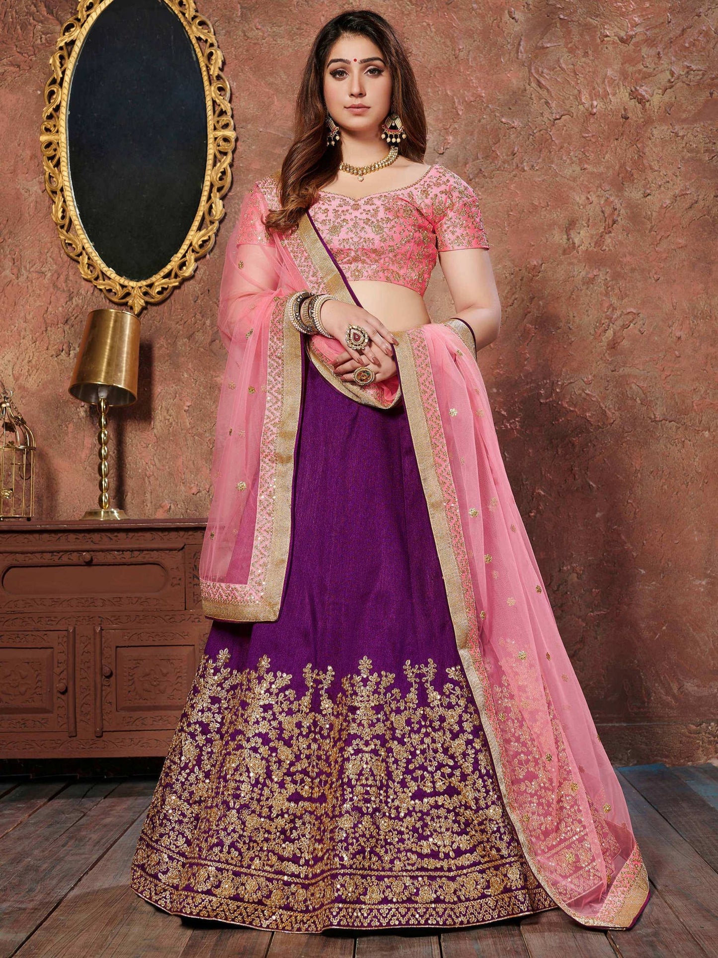 Purple Sequins Embroidered Silk Wedding Wear Lehenga Choli