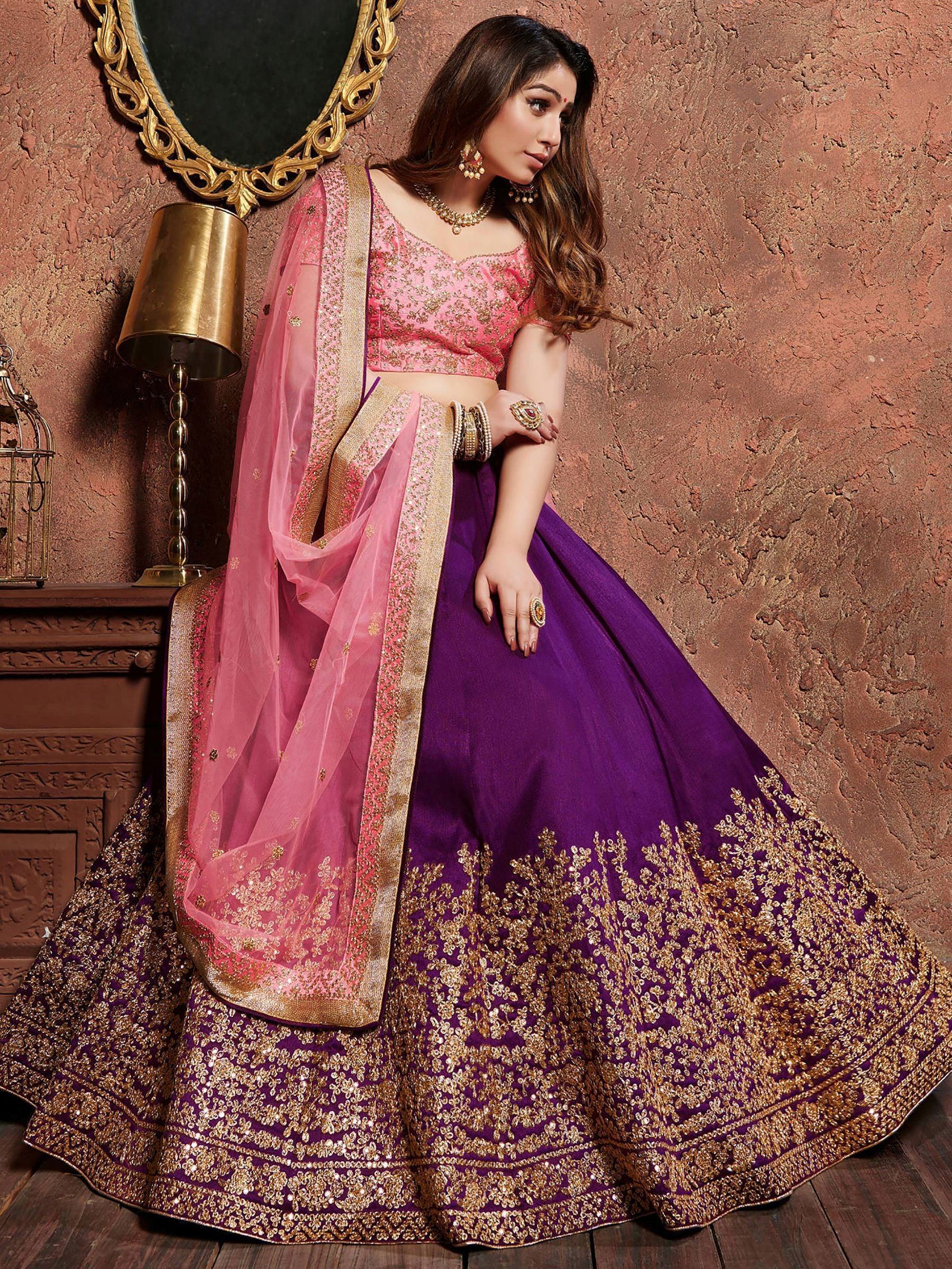 Purple Sequins Embroidered Silk Wedding Wear Lehenga Choli
