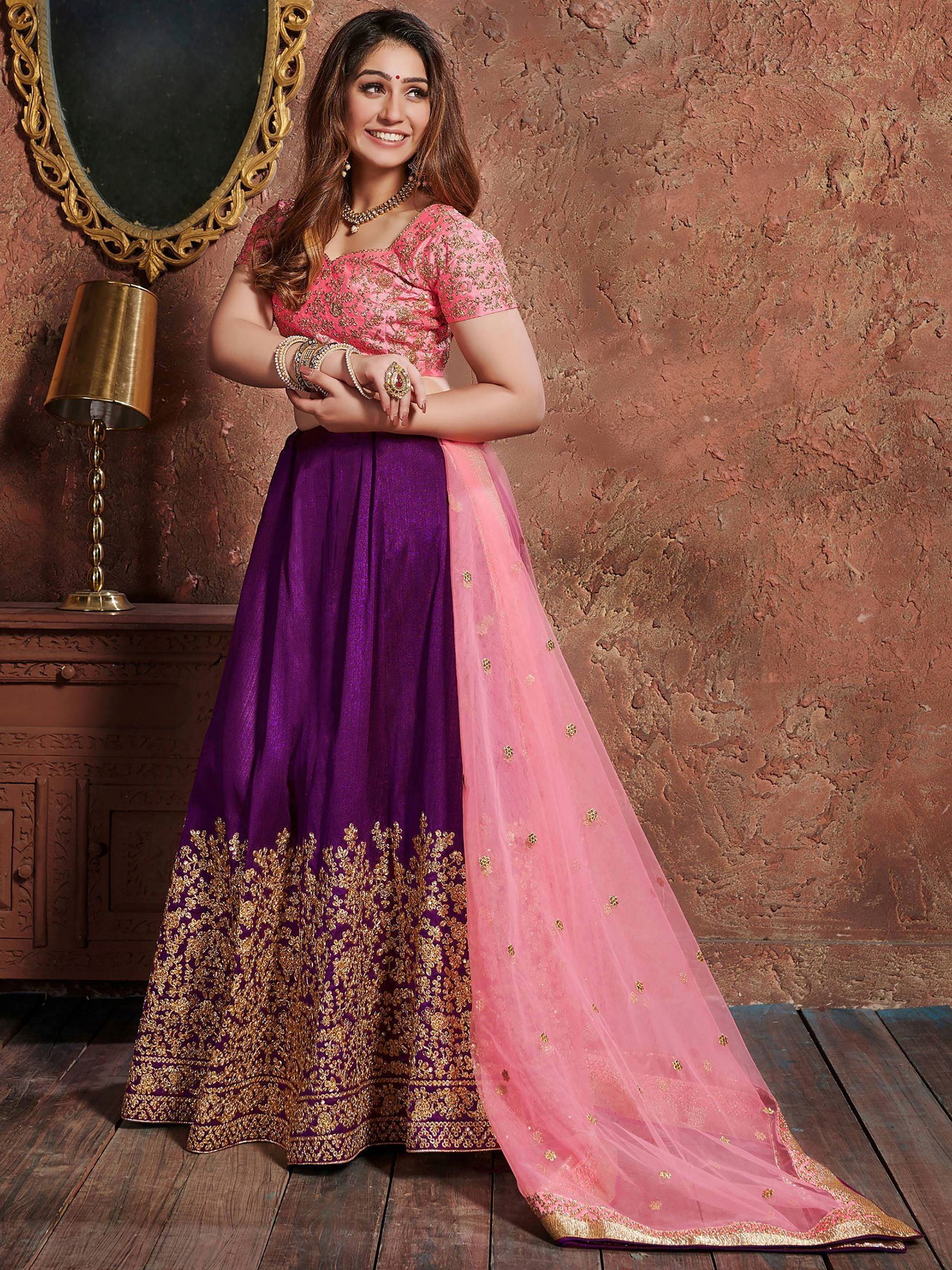 Purple Sequins Embroidered Silk Wedding Wear Lehenga Choli