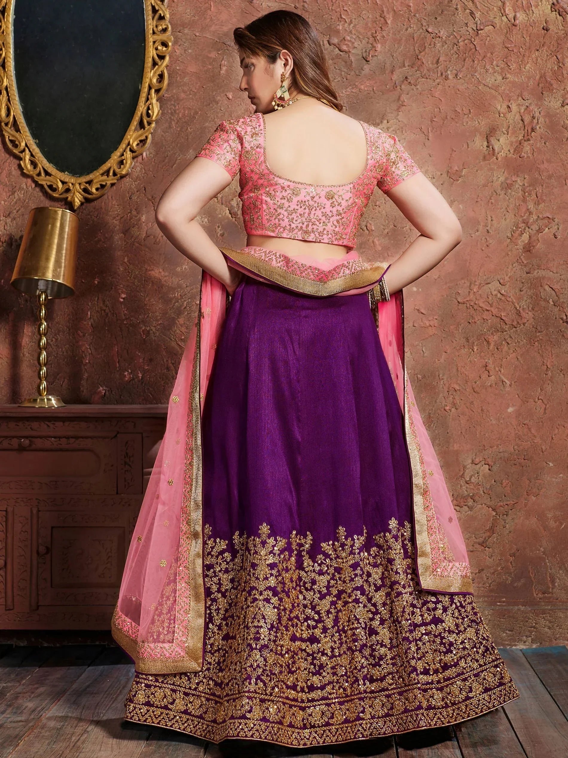 Purple Sequins Embroidered Silk Wedding Wear Lehenga Choli