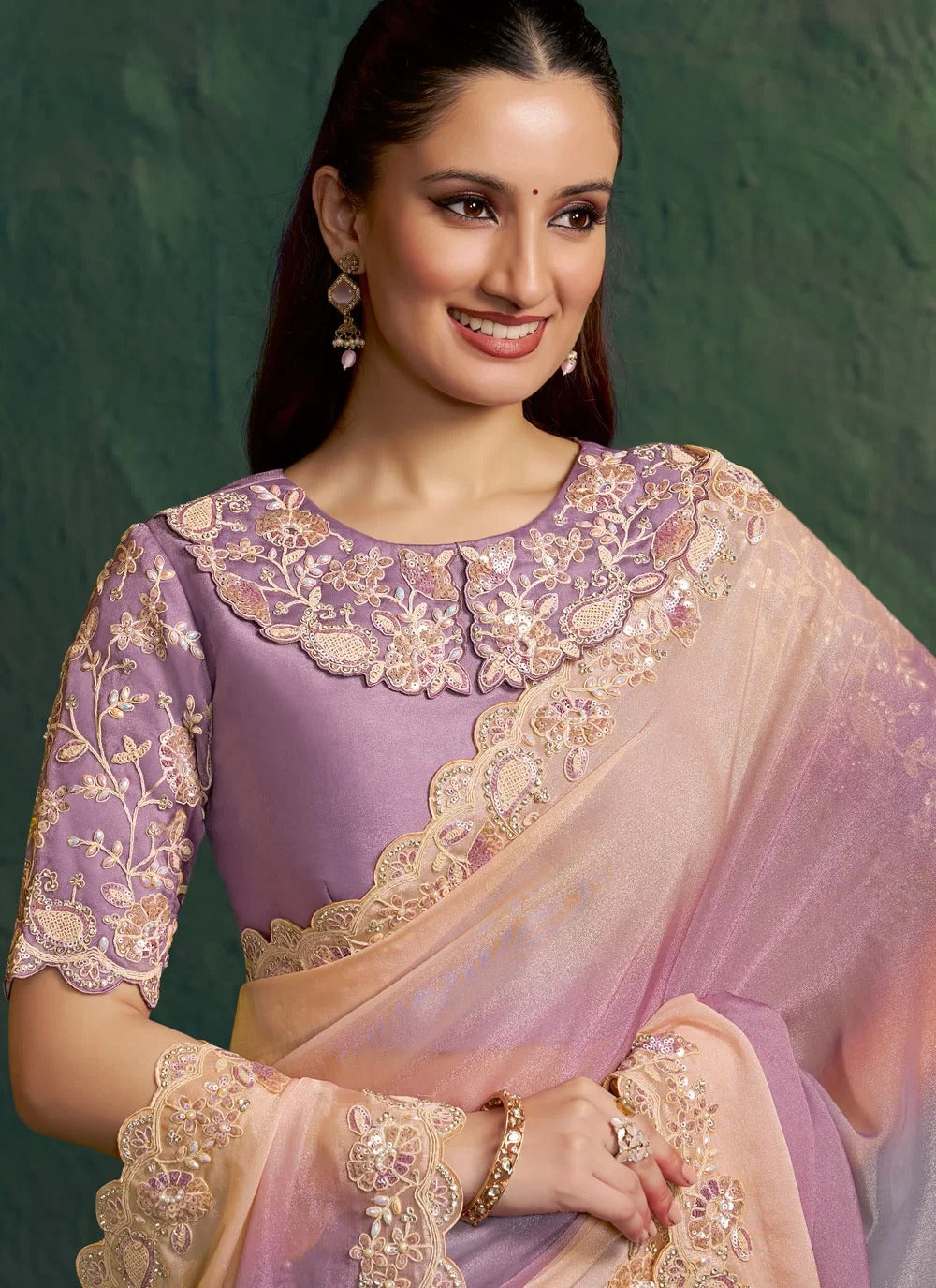 Exquisite purple shaded designer indian saree with scallop embroidery