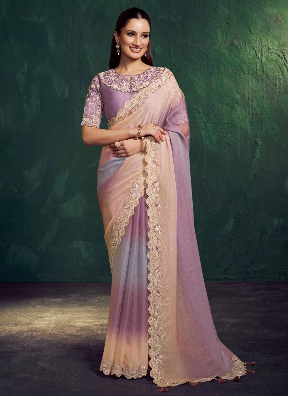 Exquisite purple shaded designer indian saree with scallop embroidery