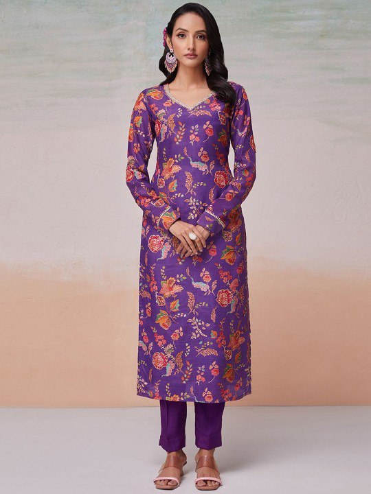 Purple Silk Digital Print & Sequins Work Top with Bangalori Silk Pant – Ready to Wear Set