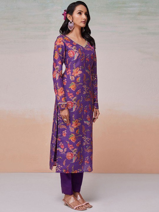 Purple Silk Digital Print & Sequins Work Top with Bangalori Silk Pant – Ready to Wear Set