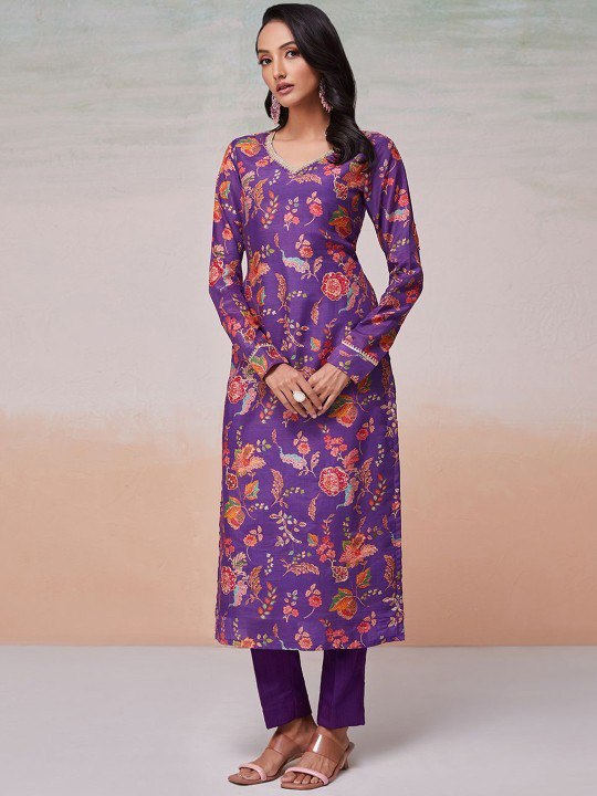 Purple Silk Digital Print & Sequins Work Top with Bangalori Silk Pant – Ready to Wear Set