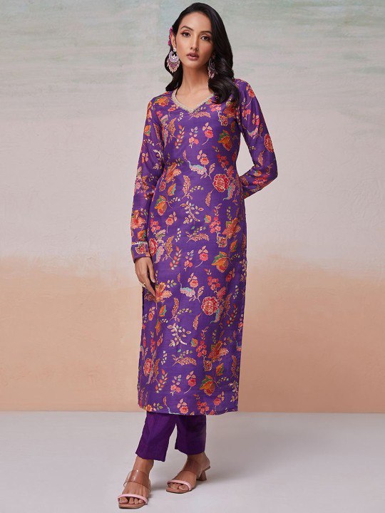 Purple Silk Digital Print & Sequins Work Top with Bangalori Silk Pant – Ready to Wear Set