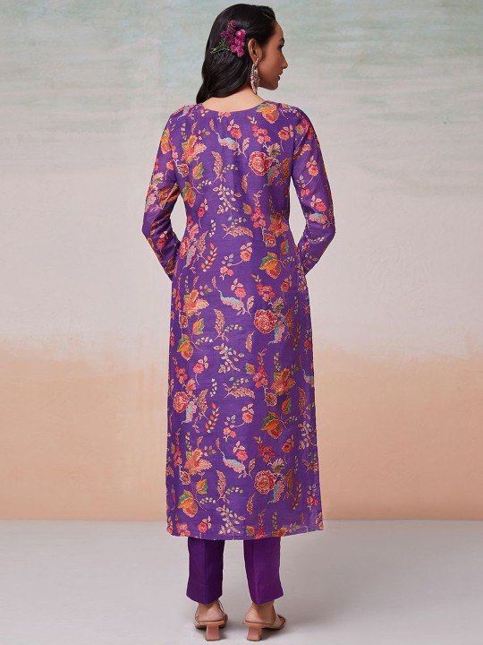 Purple Silk Digital Print & Sequins Work Top with Bangalori Silk Pant – Ready to Wear Set