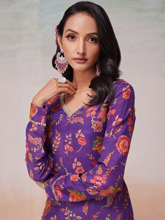 Purple Silk Digital Print & Sequins Work Top with Bangalori Silk Pant – Ready to Wear Set