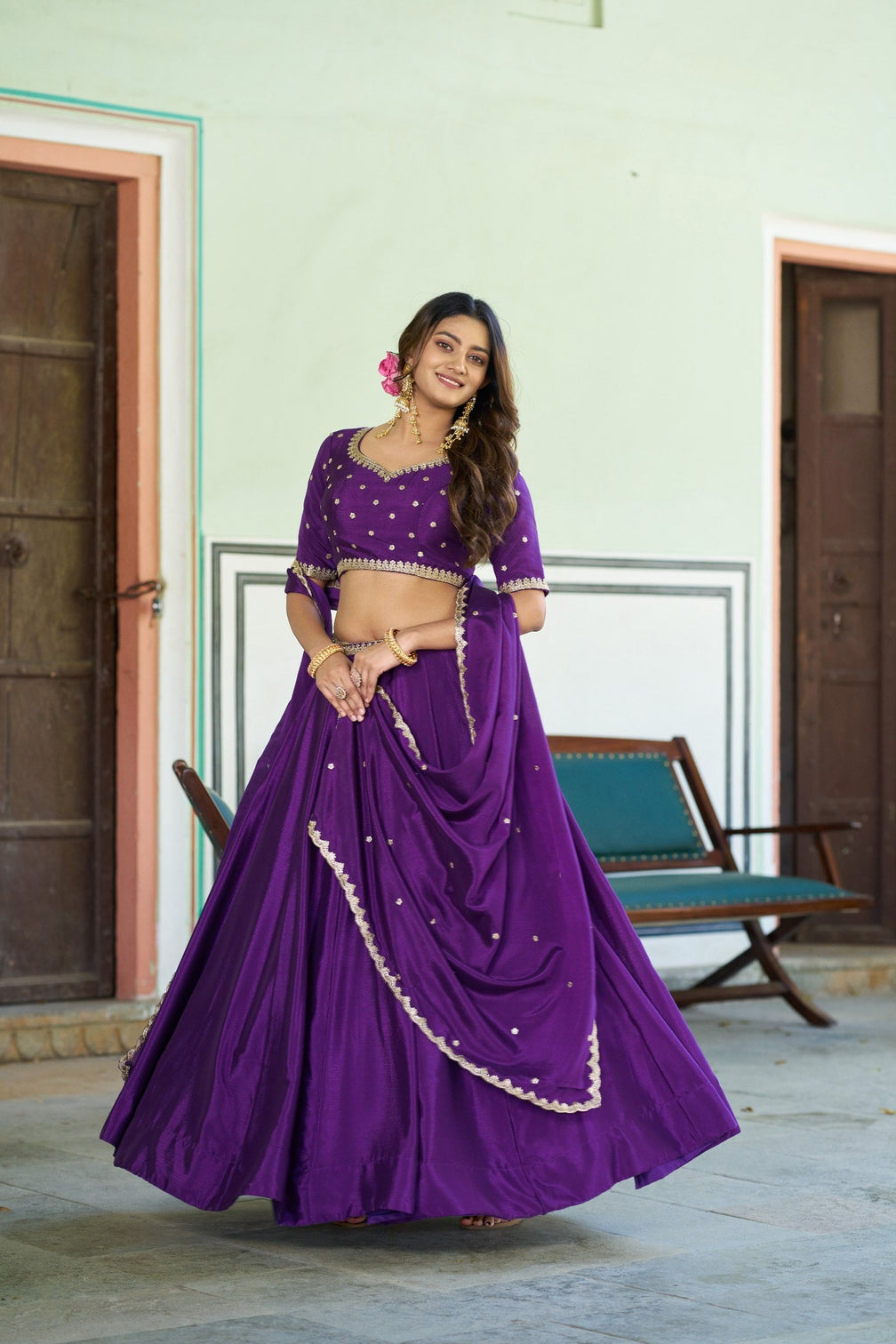 Purple Silk Embroidered Lehenga