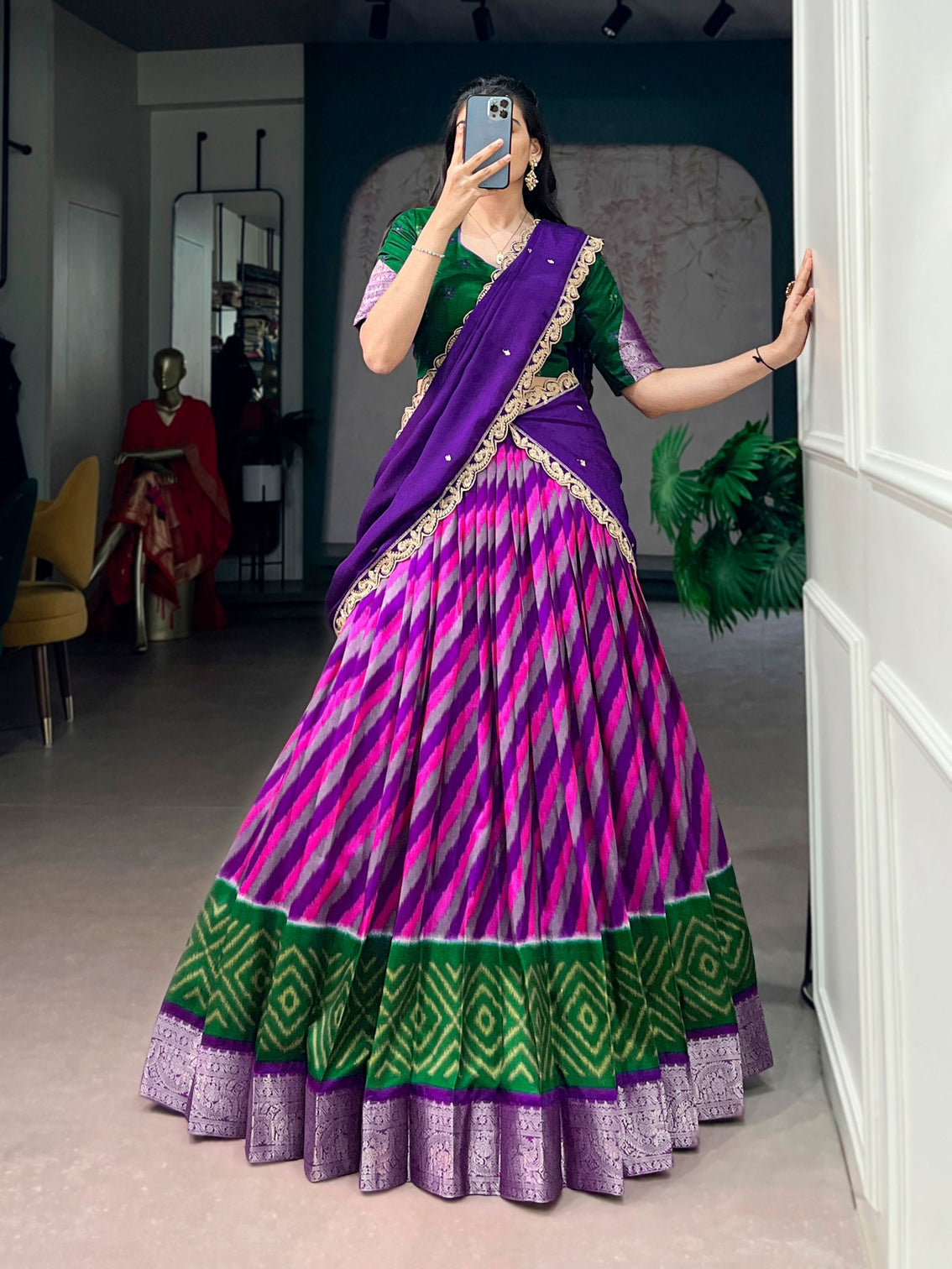 Purple Silk Leheriya Print Lehenga Choli