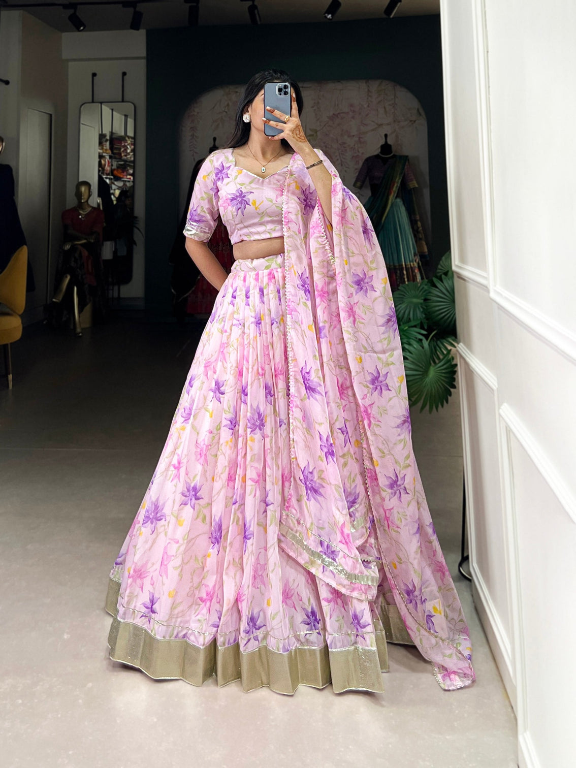 Purple Silken Blooms Tabby Silk Floral Print Lehenga with Lace Accents & Matching Dupatta