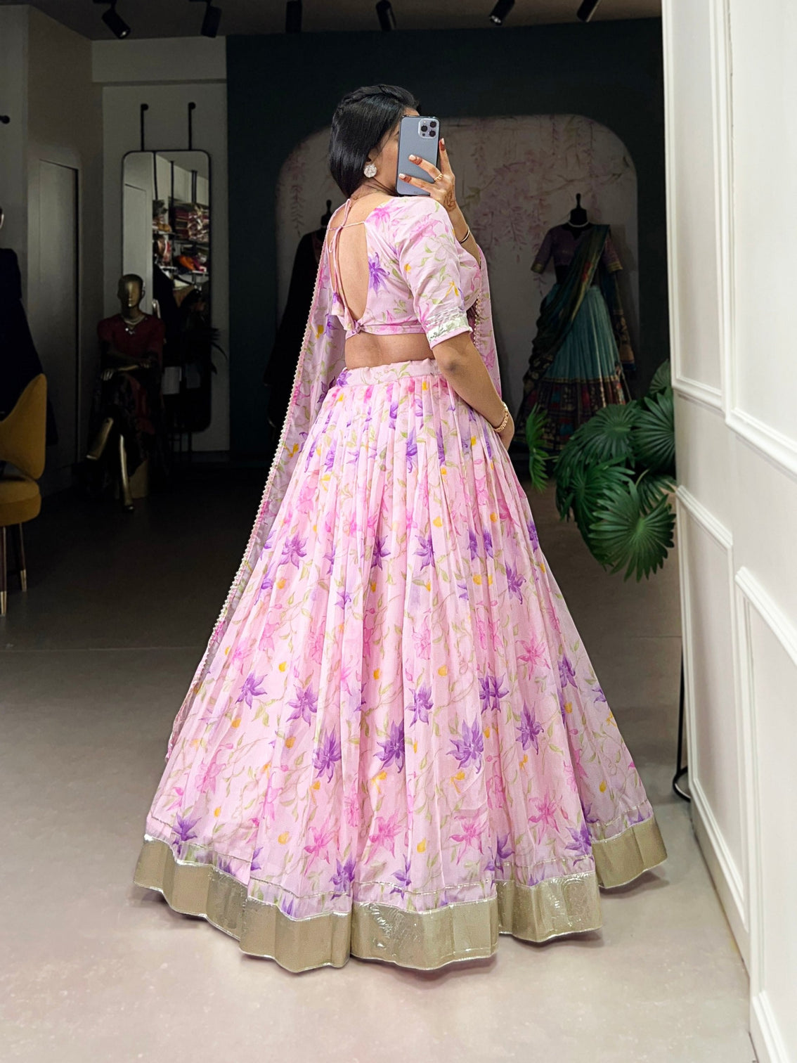 Purple Silken Blooms Tabby Silk Floral Print Lehenga with Lace Accents & Matching Dupatta